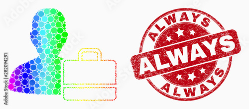Dotted spectral user case mosaic icon and Always stamp. Red vector round distress seal stamp with Always title. Vector composition in flat style. Spectral gradient user case mosaic of random dots,