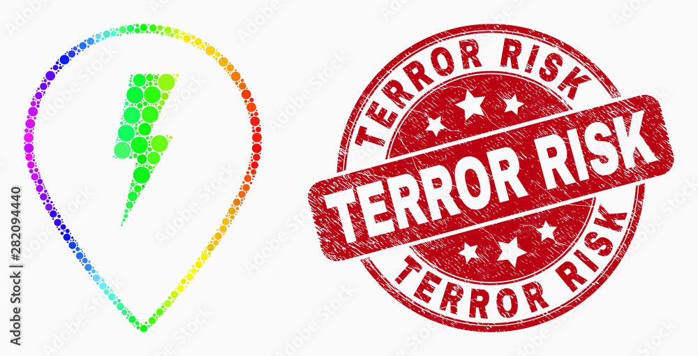 Dotted spectrum electric map marker mosaic icon and Terror Risk seal. Red vector round grunge seal stamp with Terror Risk message. Vector combination in flat style. Dotted spectrum electric map marker mosaic icon and Terror Risk seal. Red vector round grunge seal stamp with Terror Risk message. Vector combination in flat style.