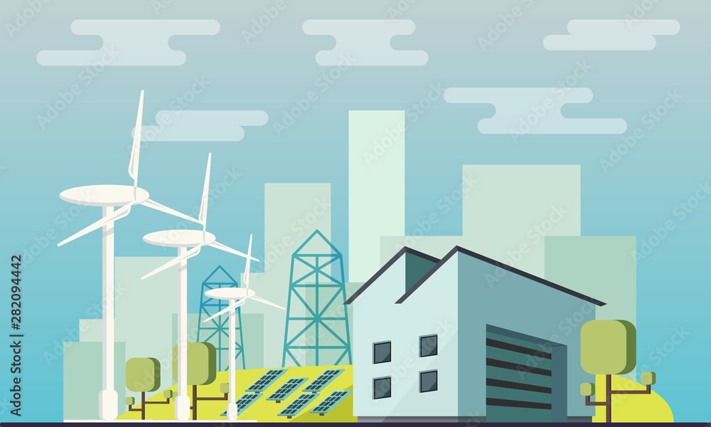 Clean energy flat illustration. Vector illustration of modern green eco factory building. olar panels and wind turbines in the background.
