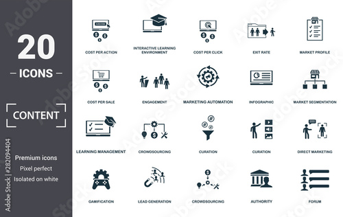 Content icon set. Contain filled flat cost per action, cost per sale, crowdsourcing, curation, engagement, forum, infographic icons. Editable format