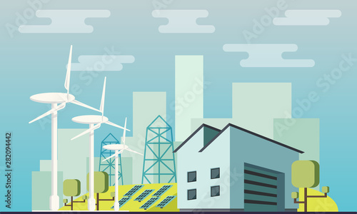 Clean energy flat illustration. Vector illustration of modern green eco factory building. olar panels and wind turbines in the background.