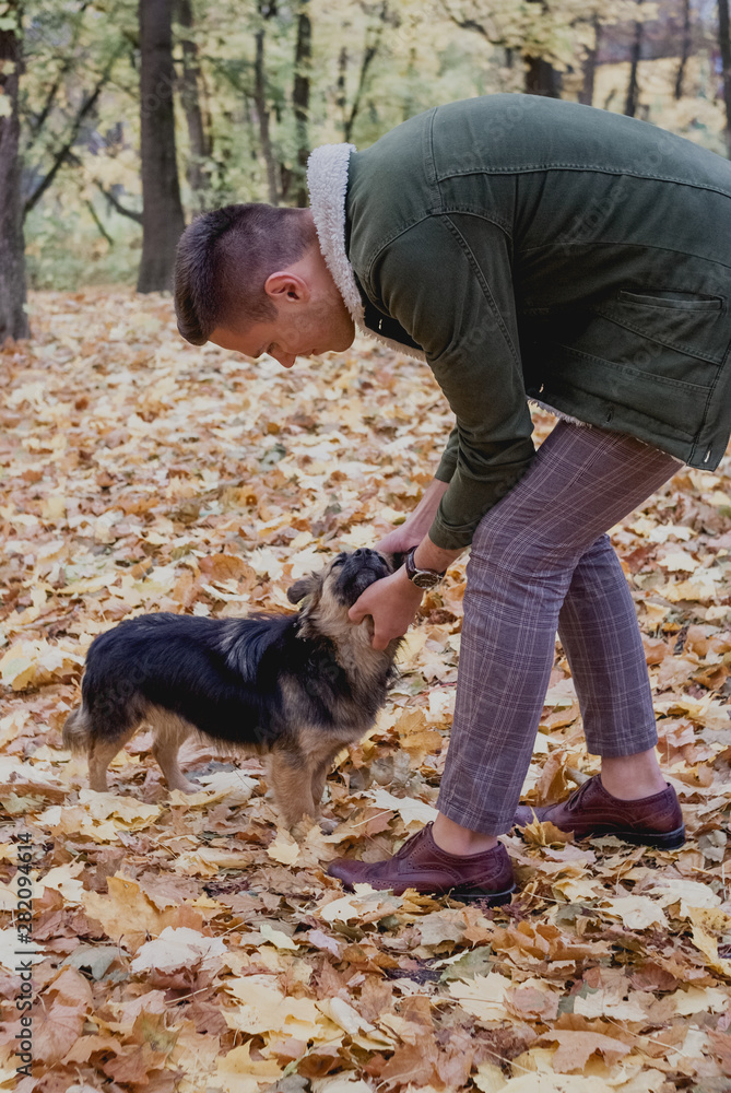 Young man playing with funny dog in autumn park. Save animals