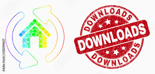 Dotted spectrum home refresh arrows mosaic icon and Downloads seal stamp. Red vector round distress seal stamp with Downloads caption. Vector composition in flat style.
