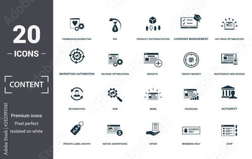 Content icon set. Contain filled flat members only, native advertising, off-page optimization, pagerank, private label rights, responsive web design, return on investment icons. Editable format