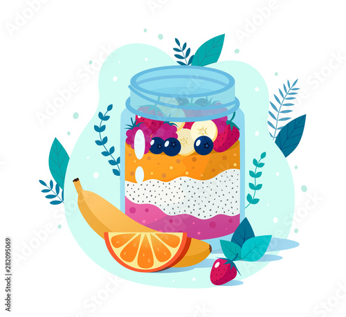 Chia seed mango strawberry pudding vector illustration.