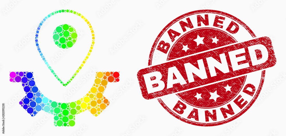 Dotted spectrum service map marker mosaic pictogram and Banned seal stamp. Red vector round scratched seal stamp with Banned message. Vector collage in flat style. Dotted spectrum service map marker mosaic pictogram and Banned seal stamp. Red vector round scratched seal stamp with Banned message. Vector collage in flat style.