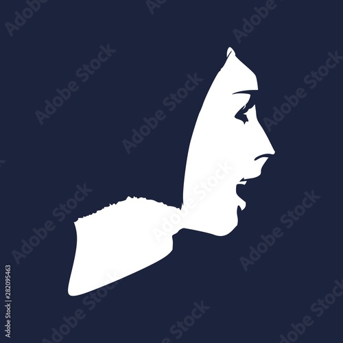 Face side view. Elegant silhouette of a female head. Surprised beautiful woman with open mouth.