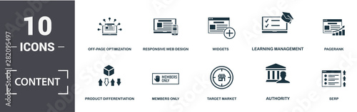 Content icon set. Contain filled flat offer, off-page optimization, private label rights, product differentiation, search engine marketing, search engine results page icons. Editable format