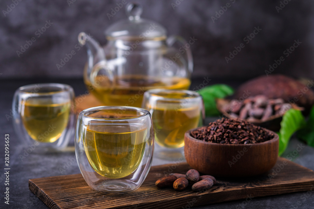 Hot Cacao Tea. Fresh hot chocolate herbal tea made of cacao bean flakes