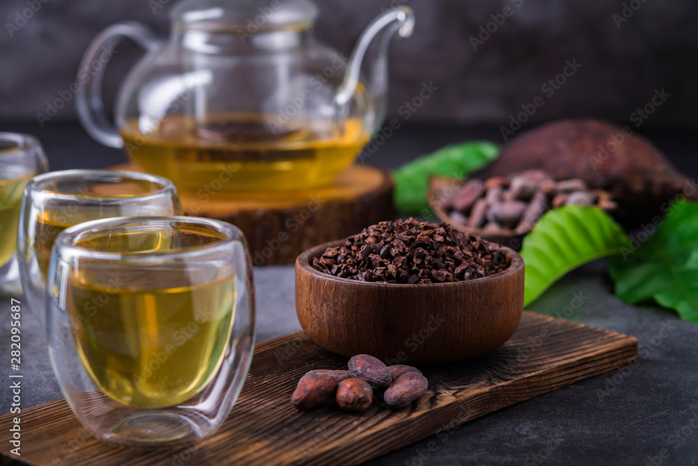 Hot Cacao Tea. Fresh hot chocolate herbal tea made of cacao bean flakes