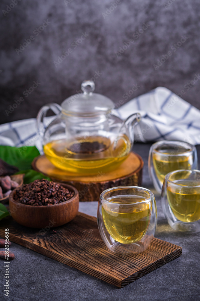 Hot Cacao Tea. Fresh hot chocolate herbal tea made of cacao bean flakes