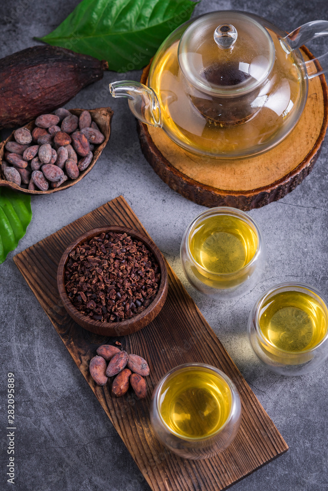 Hot Cacao Tea. Fresh hot chocolate herbal tea made of cacao bean flakes
