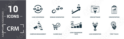 Crm icon set. Contain filled flat campaign management, closed sale, crm reporting, crm software, demand generation, escalation, lead conversion, lead conversion rate icons. Editable format