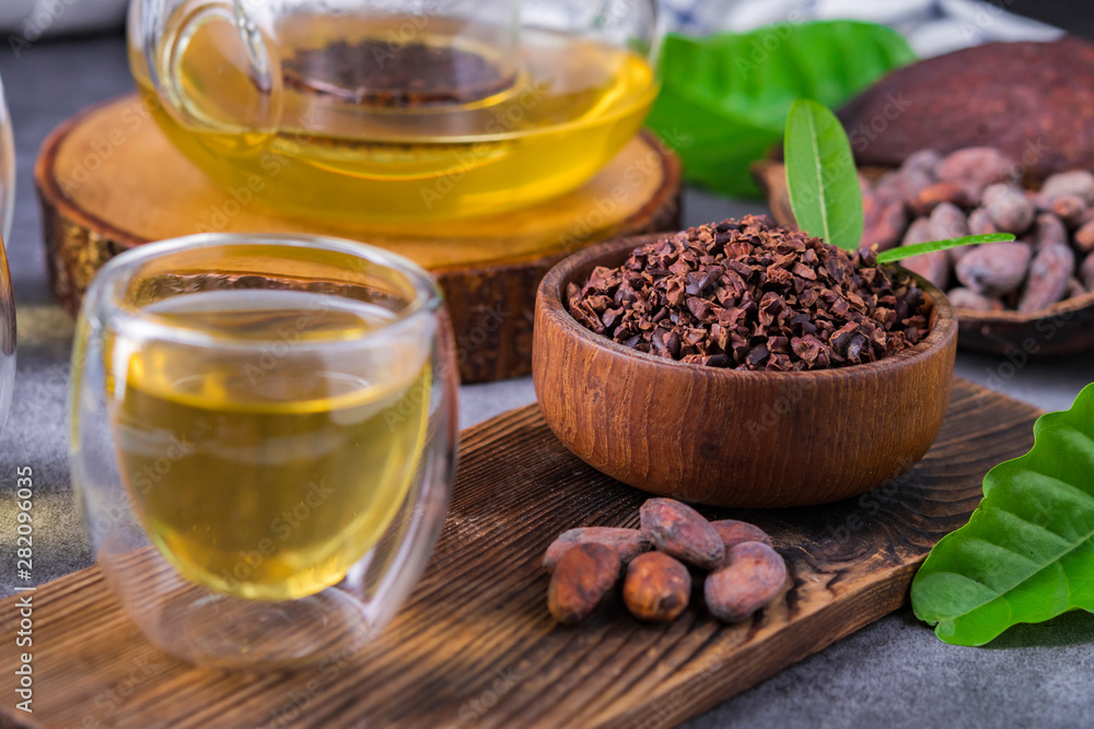 Hot Cacao Tea. Fresh hot chocolate herbal tea made of cacao bean flakes