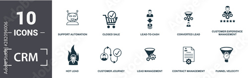 Crm icon set. Contain filled flat contract management, converted lead, customer journey, support automation, funnel velocity, hot lead icons. Editable format