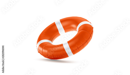 Blank red lifebuoy no gravity mock up isolated, 3d rendering. Empty flotation ring mockup. Clear round lifesaver for flotation on water. Sos inflatable circular template. photo