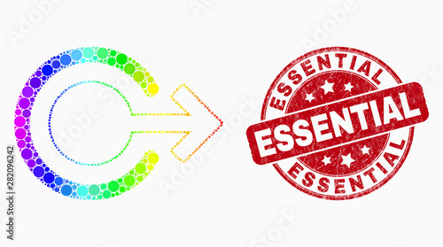Pixel bright spectral logout mosaic icon and Essential watermark. Red vector round distress seal stamp with Essential text. Vector composition in flat style.