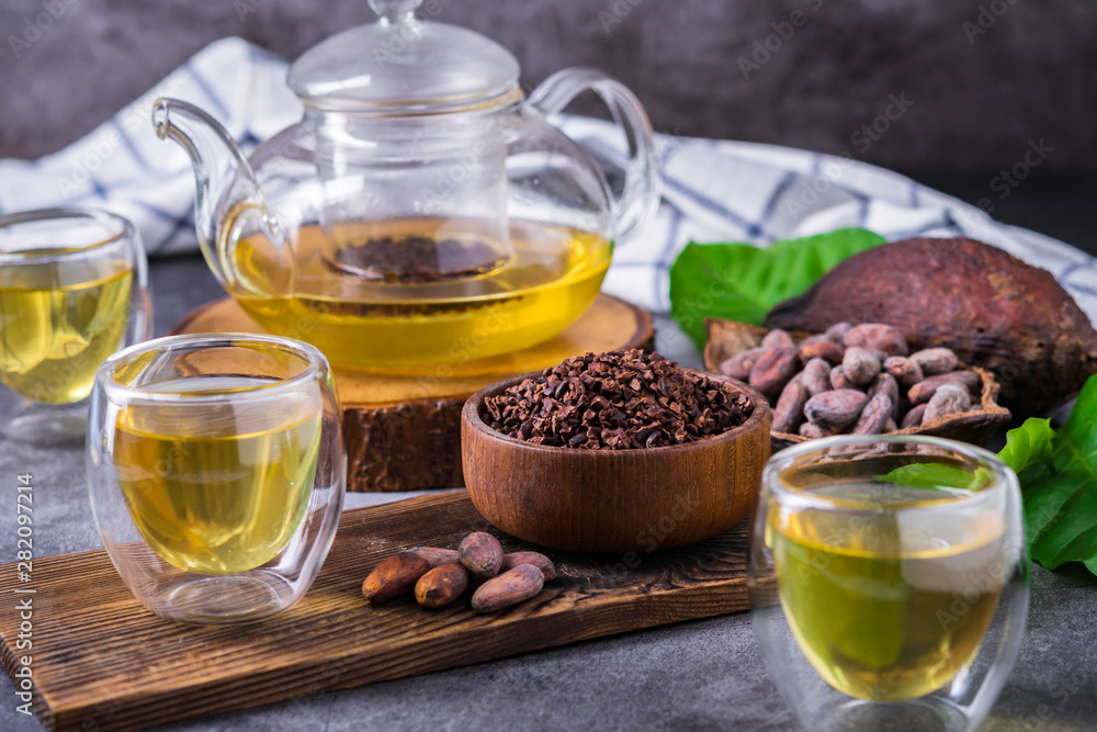 Hot Cacao Tea. Fresh hot chocolate herbal tea made of cacao bean flakes