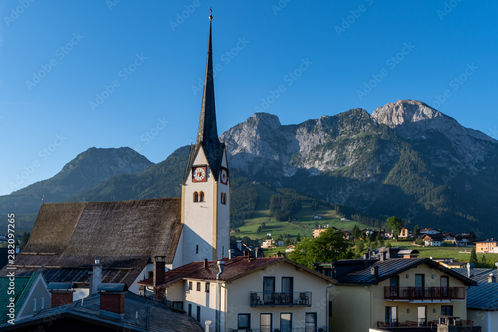 Mountain view in Abtenau with the church in the Alps in Upper Austria, Europe