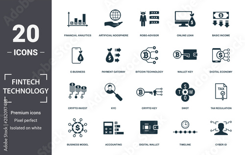 Fintech Technology icon set. Contain filled flat basic income, bitcoin technology, tax regulation, artificial noosphere, kyc, business model, accounting icons. Editable format