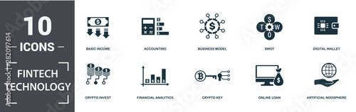 Fintech Technology icon set. Contain filled flat basic income, financial analytics, online loan, artificial noosphere, business model, swot, crypto key, crypto invest icons. Editable format