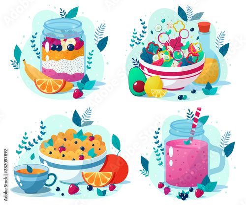 Set of four beatiful healthy food vector illustrations: berry smoothie, vegetable salad, chia seed pudding, oatmeal with cup of tea. Healthy eating