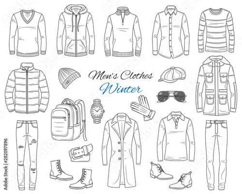 Men's Fashion set, clothes and accessories, winter outfit: coats, jackets, pants, shirts, suits, sweaters, shoes, hats and backpack, vector sketch illustration, isolated on white.