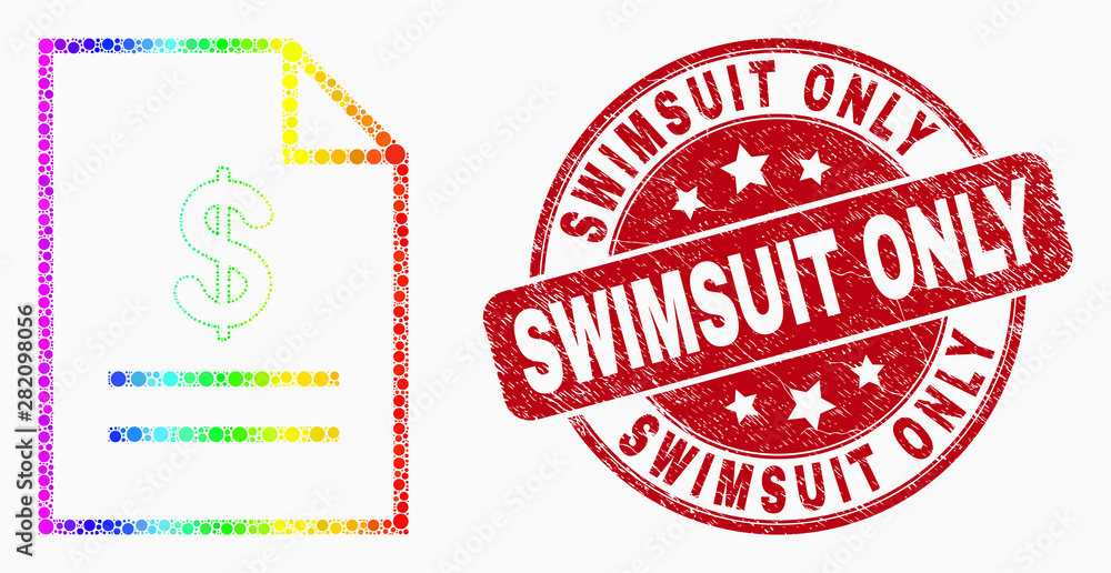 Pixel bright spectral price list page mosaic pictogram and Swimsuit Only seal stamp. Red vector round grunge stamp with Swimsuit Only caption. Vector combination in flat style. Pixel bright spectral price list page mosaic pictogram and Swimsuit Only seal stamp. Red vector round grunge stamp with Swimsuit Only caption. Vector combination in flat style.