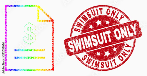 Pixel bright spectral price list page mosaic pictogram and Swimsuit Only seal stamp. Red vector round grunge stamp with Swimsuit Only caption. Vector combination in flat style.