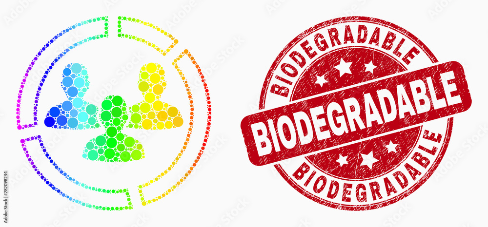Pixel bright spectral social pie chart mosaic pictogram and Biodegradable seal stamp. Red vector round grunge seal stamp with Biodegradable title. Vector combination in flat style. Pixel bright spectral social pie chart mosaic pictogram and Biodegradable seal stamp. Red vector round grunge seal stamp with Biodegradable title. Vector combination in flat style.
