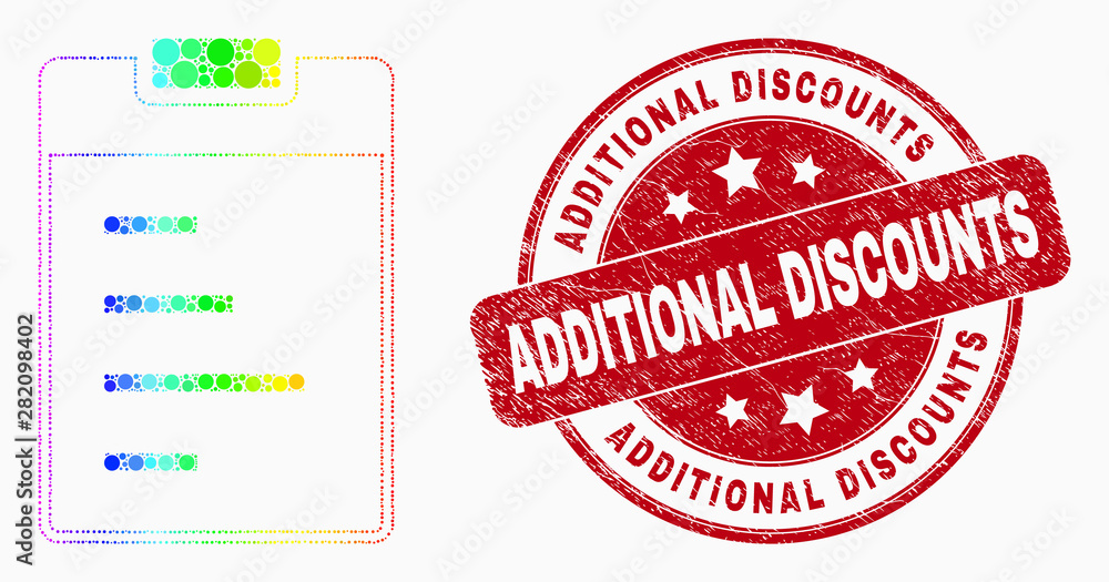 Obraz premium Pixel bright spectral text pad mosaic pictogram and Additional Discounts seal stamp. Red vector round grunge stamp with Additional Discounts text. Vector combination in flat style.