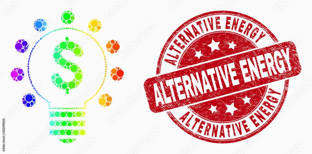 Pixel rainbow gradiented dollar light bulb mosaic icon and Alternative Energy seal stamp. Red vector rounded grunge seal stamp with Alternative Energy phrase. Vector collage in flat style. Pixel rainbow gradiented dollar light bulb mosaic icon and Alternative Energy seal stamp. Red vector rounded grunge seal stamp with Alternative Energy phrase. Vector collage in flat style.