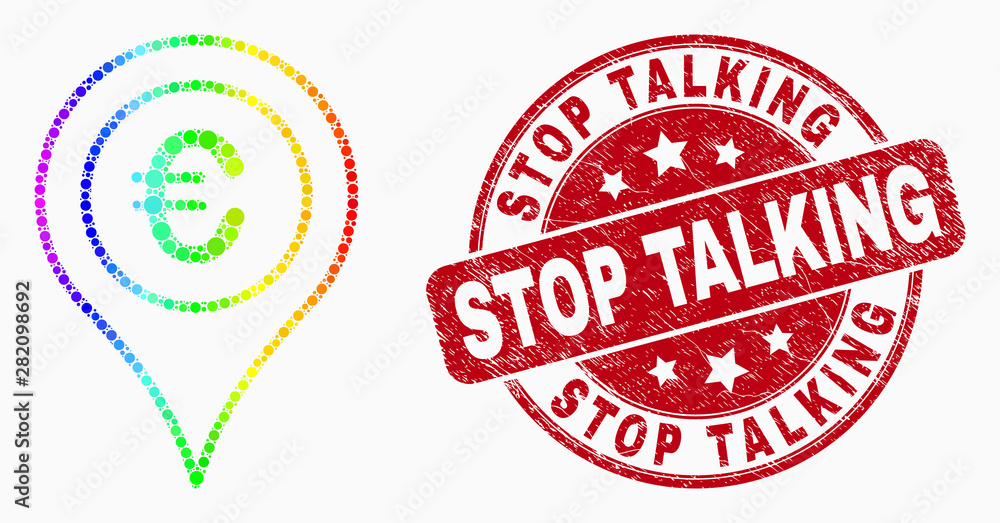 Pixel rainbow gradiented euro map marker mosaic icon and Stop Talking watermark. Red vector round scratched watermark with Stop Talking phrase. Vector composition in flat style. Pixel rainbow gradiented euro map marker mosaic icon and Stop Talking watermark. Red vector round scratched watermark with Stop Talking phrase. Vector composition in flat style.