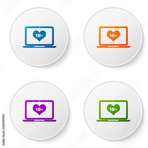 Color Laptop computer with 18 plus content heart icon isolated on white background. Age restriction symbol. 18 plus content sign. Adult channel. Set icons in circle buttons. Vector Illustration