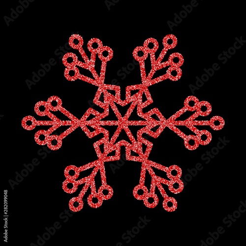 Shining red snowflakes and snow. Merry Christmas card illustration on black background. Sparkling element with glitter texture