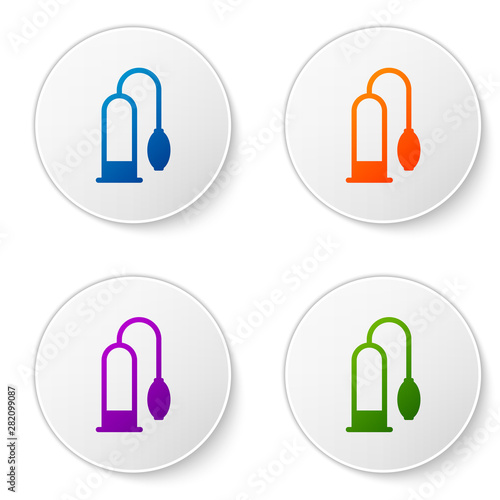 Color Penis pump icon isolated on white background. Penis enlarger. Sex toy for men. Vacuum pump with a blower to increase the penis. Set icons in circle buttons. Vector Illustration