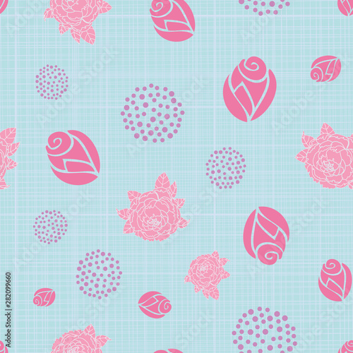 Seamless roses and circles with dots pattern on blue striped background