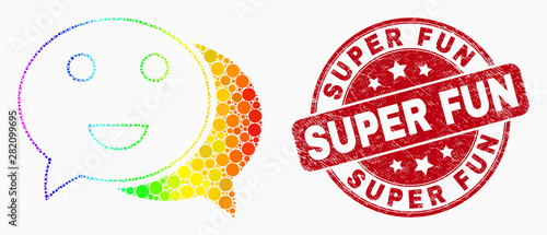 Pixel spectral happy chat mosaic pictogram and Super Fun seal stamp. Red vector round distress seal stamp with Super Fun caption. Vector composition in flat style.