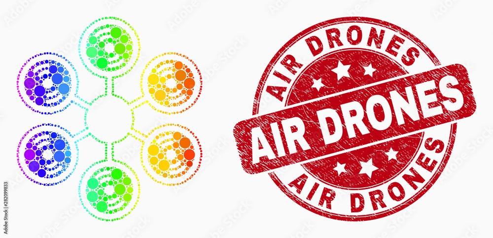 Obraz premium Pixel spectral hexacopter mosaic pictogram and Air Drones seal stamp. Red vector round scratched watermark with Air Drones message. Vector composition in flat style.