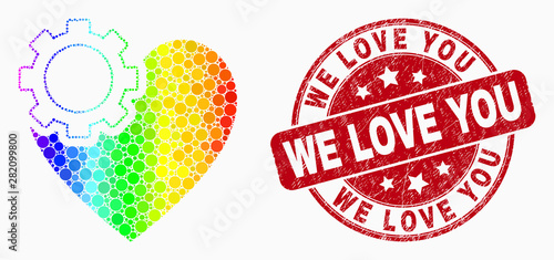 Pixel spectral heart gear mosaic pictogram and We Love You seal stamp. Red vector round textured stamp with We Love You phrase. Vector collage in flat style.