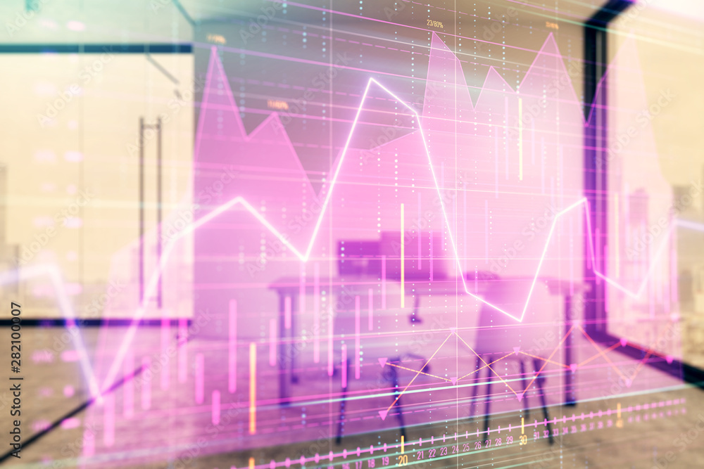 Forex chart hologram with minimalistic cabinet interior background. Double exposure. Stock market concept. Forex chart hologram with minimalistic cabinet interior background. Double exposure. Stock market concept.