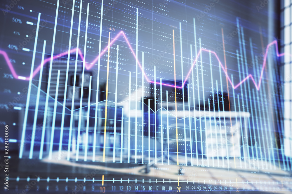 Forex chart hologram with minimalistic cabinet interior background. Double exposure. Stock market concept. Forex chart hologram with minimalistic cabinet interior background. Double exposure. Stock market concept.