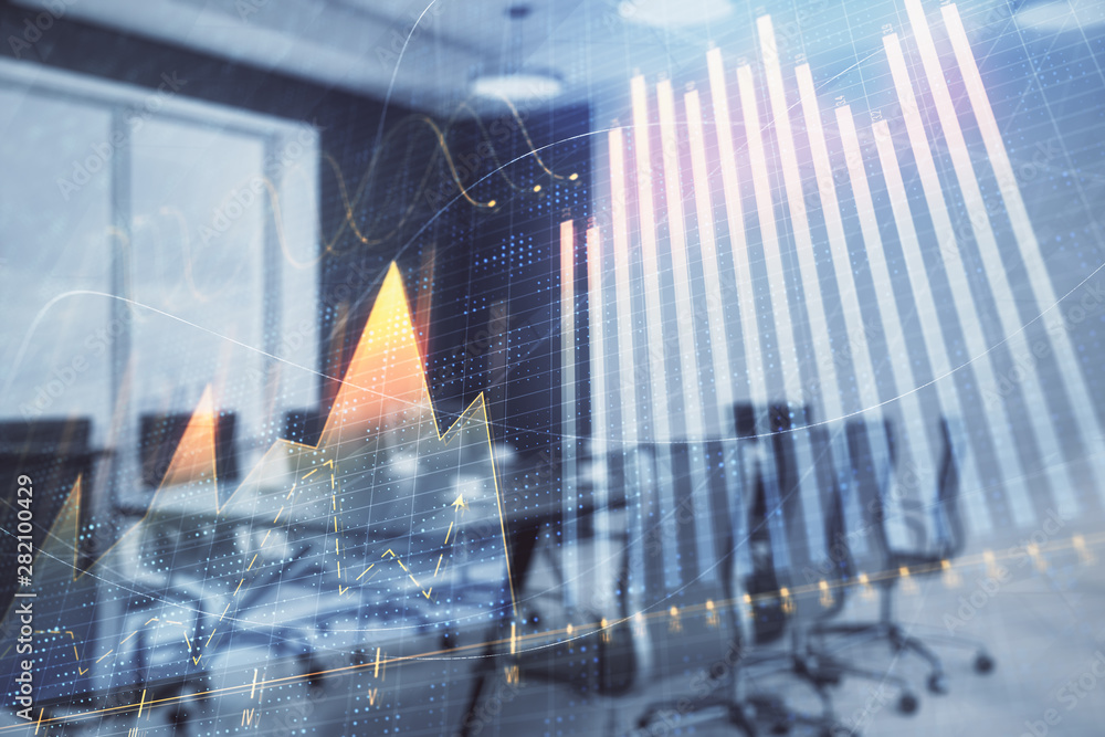 Double exposure of forex chart on conference room background. Concept of stock market analysis Double exposure of forex chart on conference room background. Concept of stock market analysis