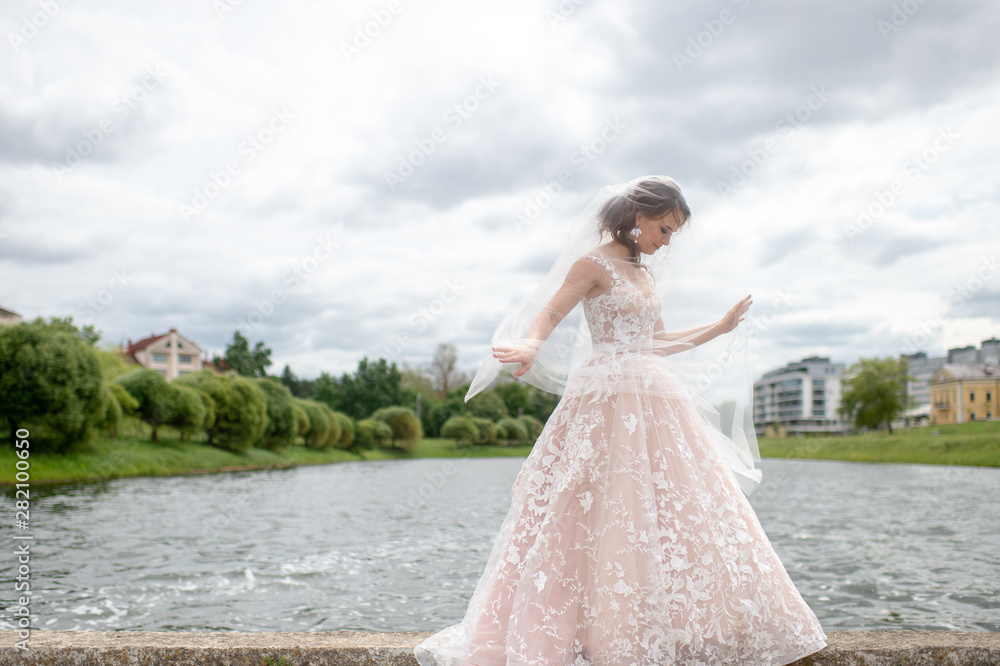 Beautiful  bride in wedding dress with veil over her face posing outdoor with lake on background.