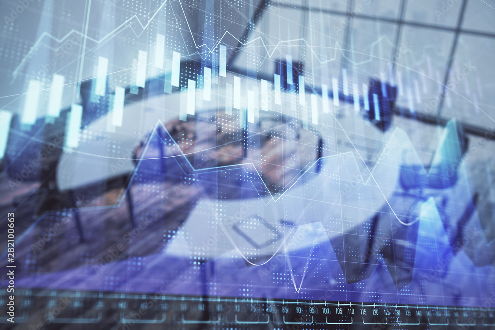 Double exposure of forex chart on conference room background. Concept of stock market analysis Double exposure of forex chart on conference room background. Concept of stock market analysis