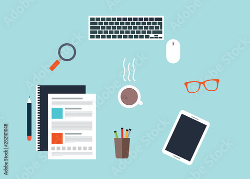 Workplace Desktop background. Top view of laptop, books, folder with documents, notepad, business card, purse