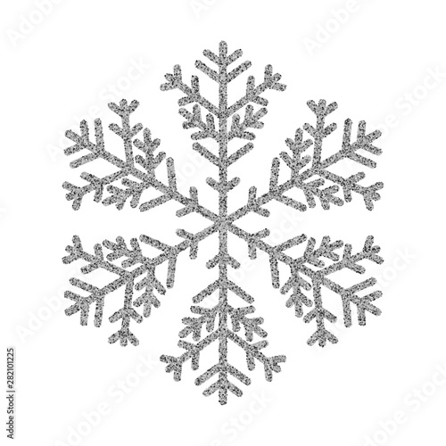 Shining silver snowflakes and snow. Merry Christmas card illustration on white background. Sparkling element with glitter texture