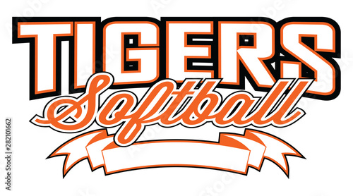 Tigers Softball Design With Banner is a team design template that includes text and a blank banner with space for your own information. Great for advertising and promotion for teams or schools.