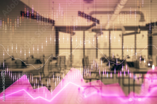 Stock and bond market graph with trading desk bank office interior on background. Multi exposure. Concept of financial analysis