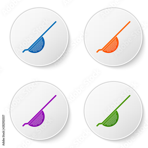 Color Kitchen colander icon isolated on white background. Cooking utensil. Cutlery sign. Set icons in circle buttons. Vector Illustration